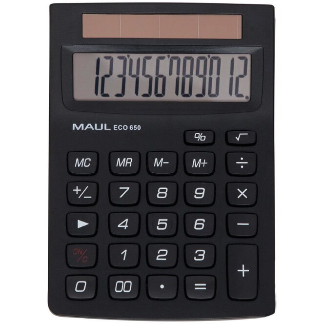 Calculator de birou MAUL ECO650, 12 digits, realizat din plastic reciclat, incarcare solara - negru