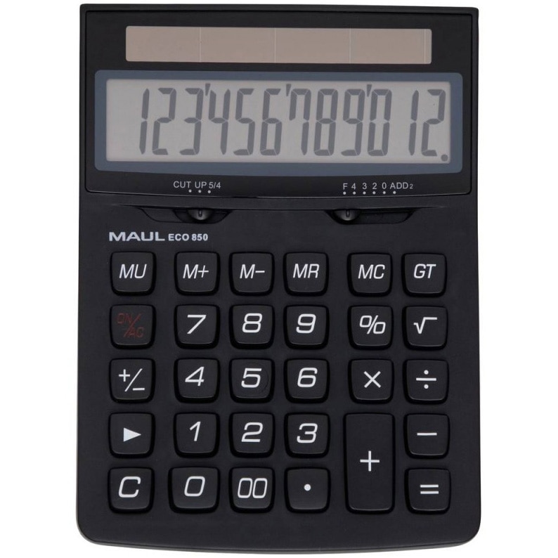 Calculator de birou MAUL ECO850, 12 digits, realizat din plastic reciclat, incarcare solara - negru