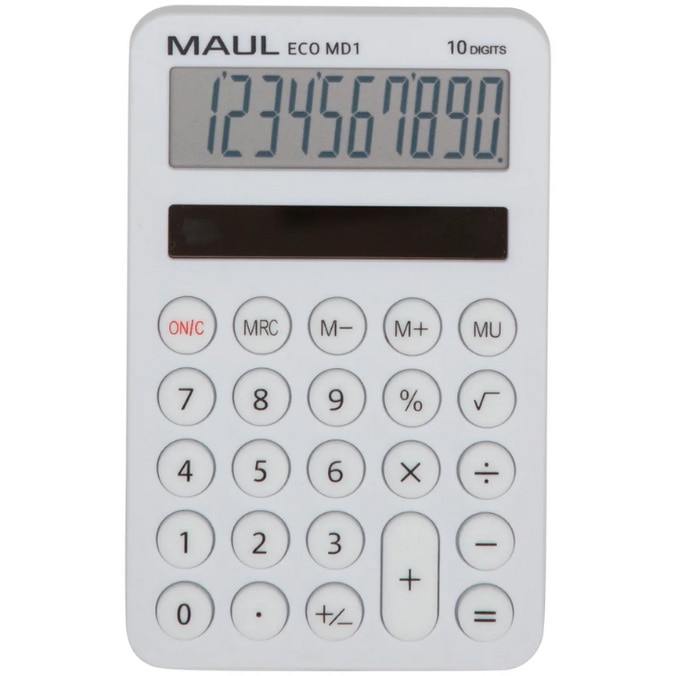 Calculator de buzunar Maul ECO MD1, 10 digits, realizat din plastic reciclat, incarcare solara- alb