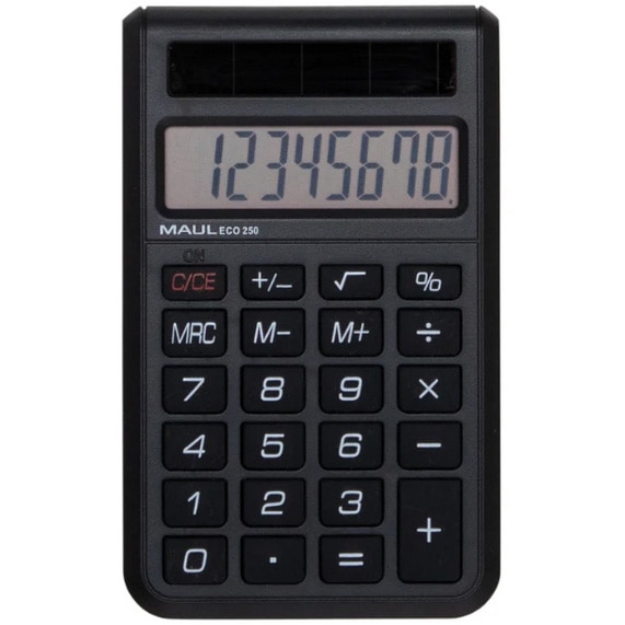 Calculator de buzunar MAUL ECO250, 8 digits, realizat din plastic reciclat, incarcare solara - negru