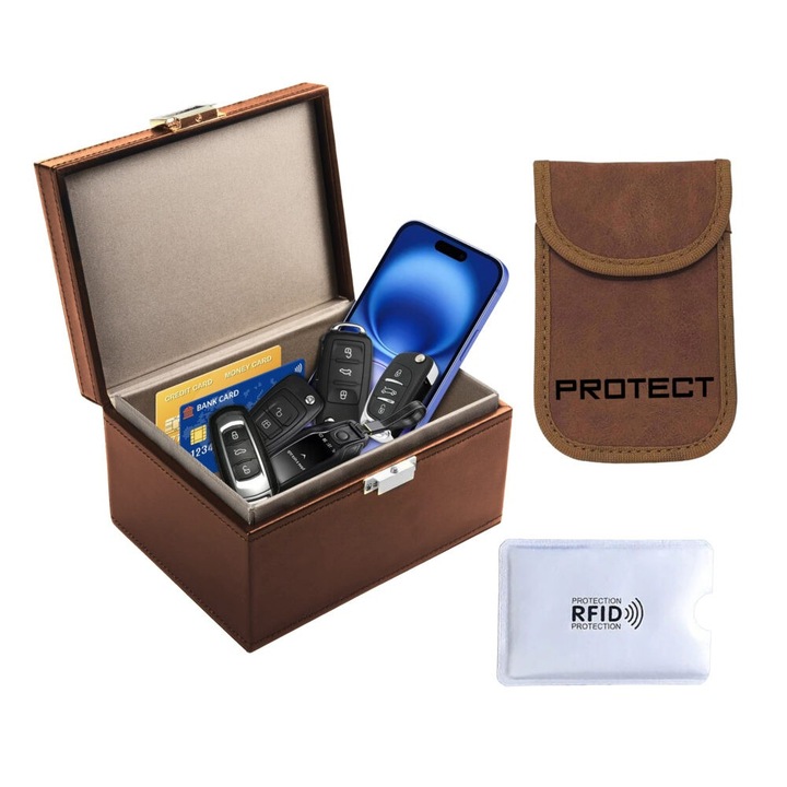 Комплект кутии против кражба, кутия за ключове, държач за RFID карта, Zola, Wifi, Bluetooth, NFC, GSM, функция за блокиране на сигнала 10kHz-30GHz, размери на кутията 15 x 11.2 x 8.5 см, калъф 12.7 x 8.4 см, кафяв