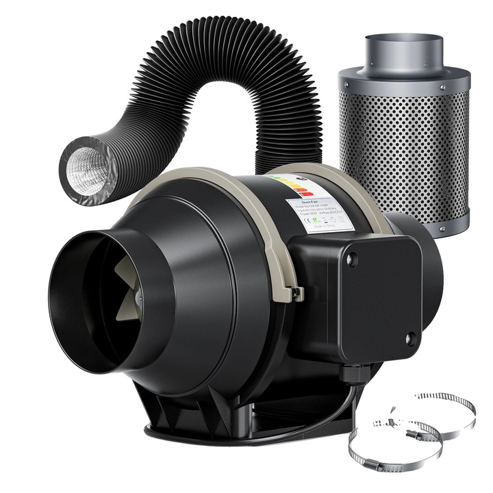 Ventilator de teava in linie, debit de aer 360 m³/h, control variabil al vitezei, functionare silentioasa, priza UE 220V