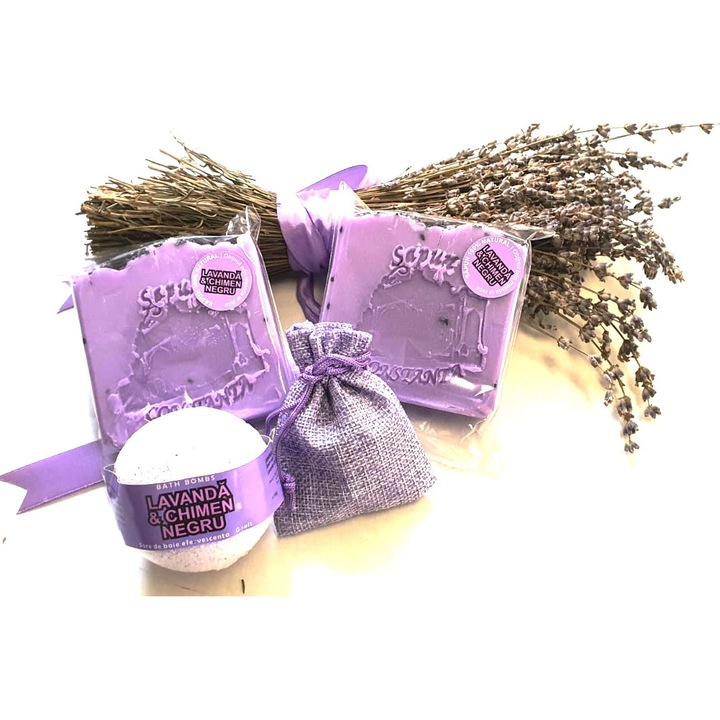 Натурален комплект, 2 сапуна, сол за вана и ароматизирано саше, лавандула и черен кимион
