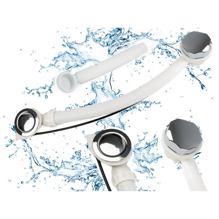 Sifon Automat Cada, Granitan, Cu Ventil Click-Clack Si Cu Dop Pentru Cada, Pentru Cazi De Baie Standard, Componente Cromate, 600 mm, Diametru 75 mm, Alb