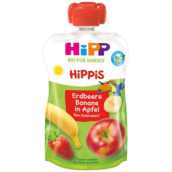 Piure de fructe Hipp, mar, capsuni, banana, 100g, de la 1 an Piure de fructe Hipp, mar, capsuni, banana, 100g, de la 1 an