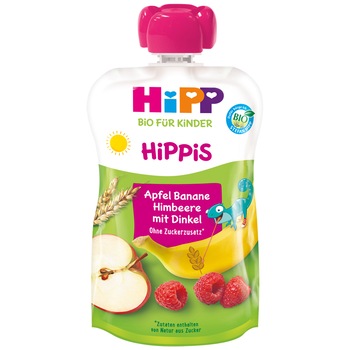 Piure de fructe Hipp, mar, banana, zmeura si cereale, 100g, de la 1 an Piure de fructe Hipp, mar, banana, zmeura si cereale, 100g, de la 1 an