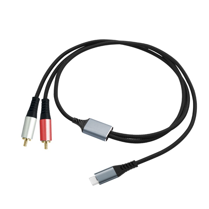 Cablu audio USB-C la 2RCA, GORMUR, plug and play, cablu impletit negru rezistent la uzura si zgarieturi, 1 metri