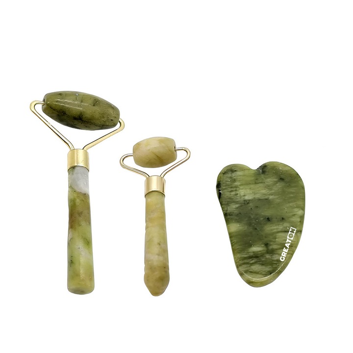 Set 2 Instrumente GREATON Pentru Masaj Facial, Role Si Placa Gua Sha Din Jad, Pentru Fata Si Corp, Efect Anti-rid, Culoare Verde