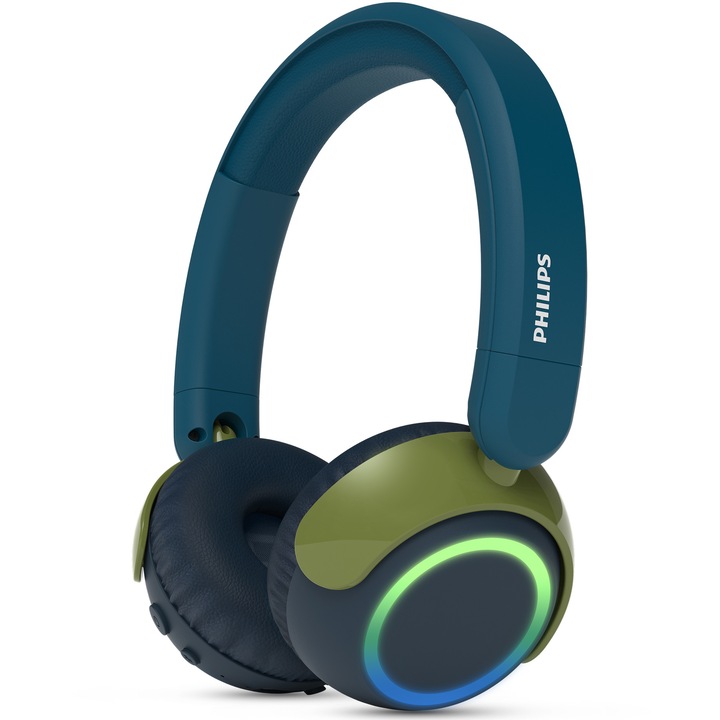 Casti pentru copii On-Ear PHILIPS TAK4200CT/00, Wireless, Bluetooth, Microfon, Lumini LED, Turcoaz