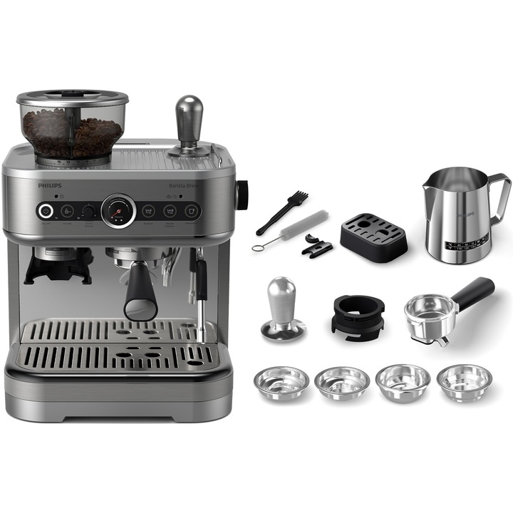 Espressor Philips Barista Brew PSA3228/01 semi-automat cu rasnita conica metalica, 15 dimensiuni de macinare, 15 bari, 1350W, recipient boabe dual de 280 g, sigiliu premium calibrat, vas lapte Temperature Perfection, 450 ml, gri