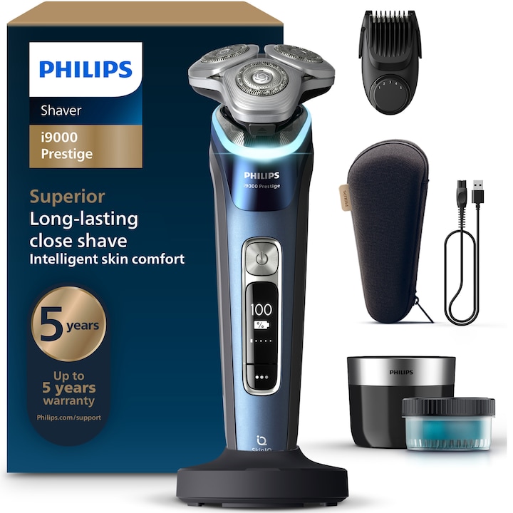 Електрическа самобръсначка PHILIPS i9000 Prestige Series XP9201/33, Мокро/сухо бръснене, Технология SkinIQ, Сензор за натиск, 60 мин. автономия, Пълно зареждане за 60 мин., Съдържа: стилизатор за брада, комплект, зарядна станция, почистваща капсула
