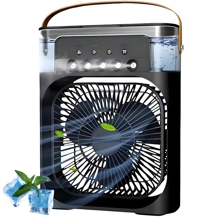 Hordozható ventilátor párásítóval, Butoarka, hangulatvilágítás, 7 szín, 3 sebességfokozat, 3 permetezési szint, 600 ml-es víztartály, 60°-ban állítható szög, aromaterápia, időzítő, USB-C csatlakozás, ideális otthonra, irodába vagy nyaraláshoz, PP, fekete