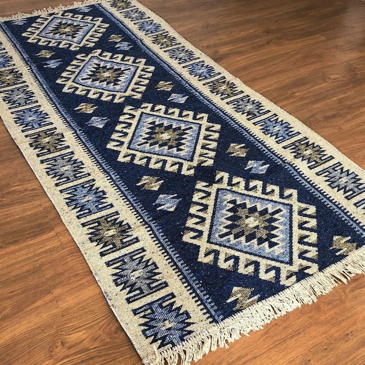 Covor in stil rustic, Casa de Vis, 100x300 cm, bumbac cu iuta, albastru-crem