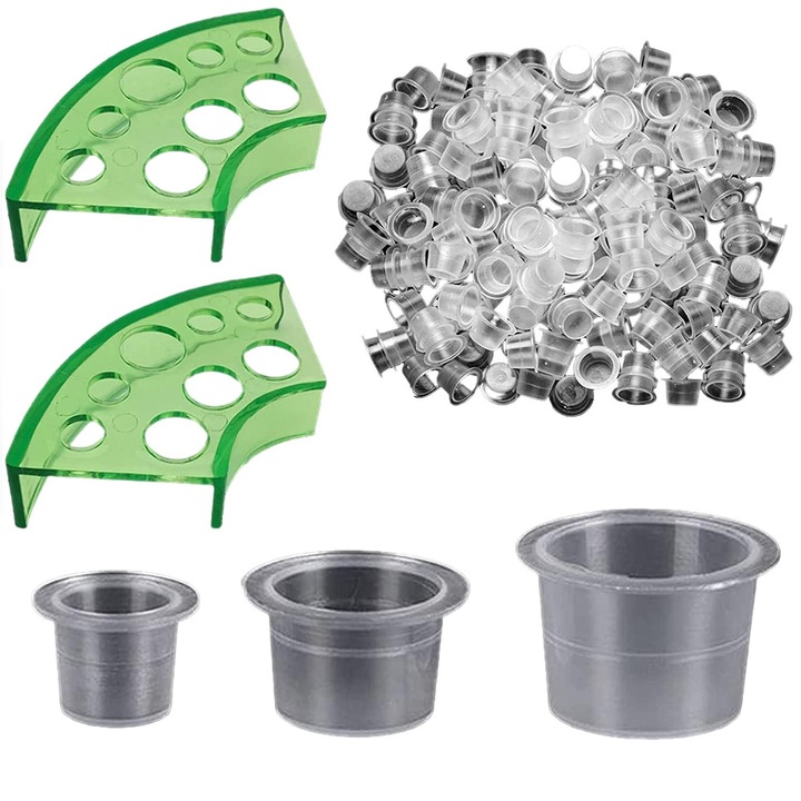 Set 300pcs recopiente Cerneala Tatuaj cu 2 Suporturi - 100 Mici, 100 Medii, 100 Mari, Alb