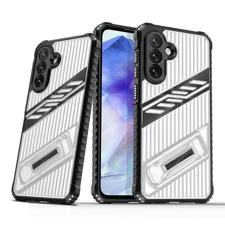 Pentru Samsung Galaxy A35/A55 Transparent Shockproof Case cu Invisible Folding Stand, rezistent la zgarieturi PC + Soft TPU 2-in-1 Case - Negru