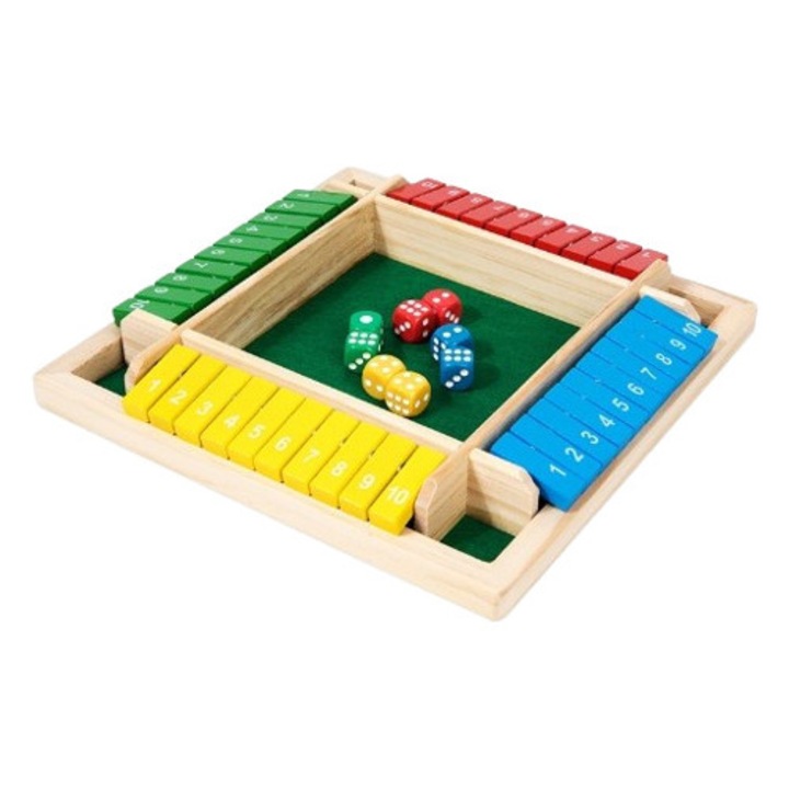 Joc de masa cu zaruri Shut The Box, lemn, 4 fete, 10 numere, 2 - 4 jucatori, pentru copii si adulti, 3 ani+, Edujucarii