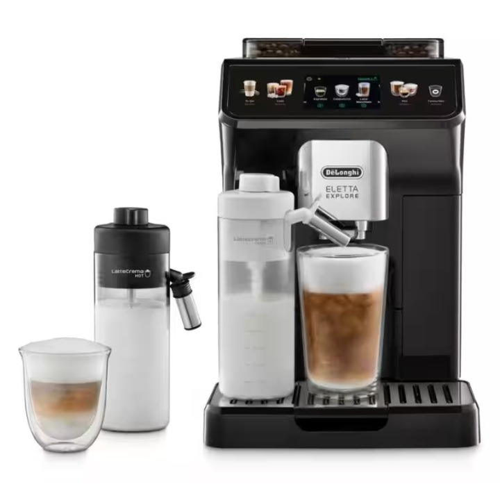 Espressor automat De'Longhi ECAM 450.55.G Eletta Explore, 1450 W, 1.8 l, 19 bar, Recipient boabe 300 g, Ecran TFT Tactil 3.5", Tehnologie LatteCrema Hot si LatteCrema Cool, 25 de bauturi Gri
