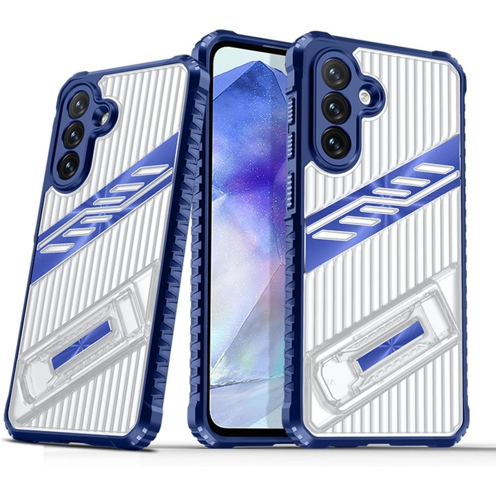 Pentru Samsung Galaxy A35/A55 Transparent Shockproof Case cu Invisible Folding Stand, rezistent la zgarieturi PC + Soft TPU 2-in-1 Case - Albastru