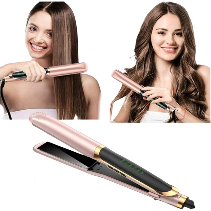 Placa de indreptat parul,2-in-1, 10s incalzire rapida, reglare a temperaturii de sase viteze, 60 de minute de oprire inteligenta, reglabil pana la 230 de grade, potrivit pentru orice lungime si tip de hair, roz aurie