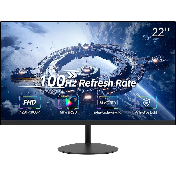 ILIKE 22" 100Hz monitor, FHD 1920×1080P, kékfényszűrő, villódzásmentes, dönthető, keret nélküli design, VESA kompatibilis, HDMI, VGA, irodai és otthoni használatra