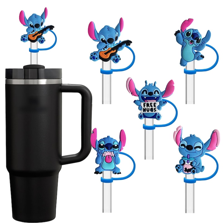 Комплект от 5 силиконови капачки за сламки, TREXORA, дизайн Stitch, прахоустойчиви, сини