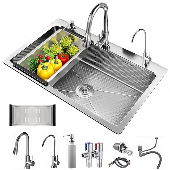 Комплект мивка и смесител, Wacorresi с 3 функции разтегателен смесител тава и цедка дозатор за течен препарат аксесоари включени, Незалепващ материал, Монтаж върху плот, 75x45 см, Щипка „пчелна пита“, сребрист