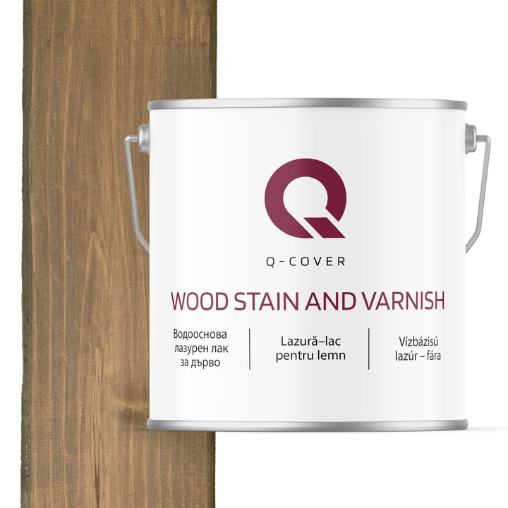 Lazura–lac pentru lemn, Q-Cover, Maro cu tenta de gri, semi-mat, pentru interior si exterior, pe baza de apa, rezistent la radiatiile UV, uniformizeaza excelent suprafata, foarte eficient, rezistent la murdarie, usor de aplicat, 5L