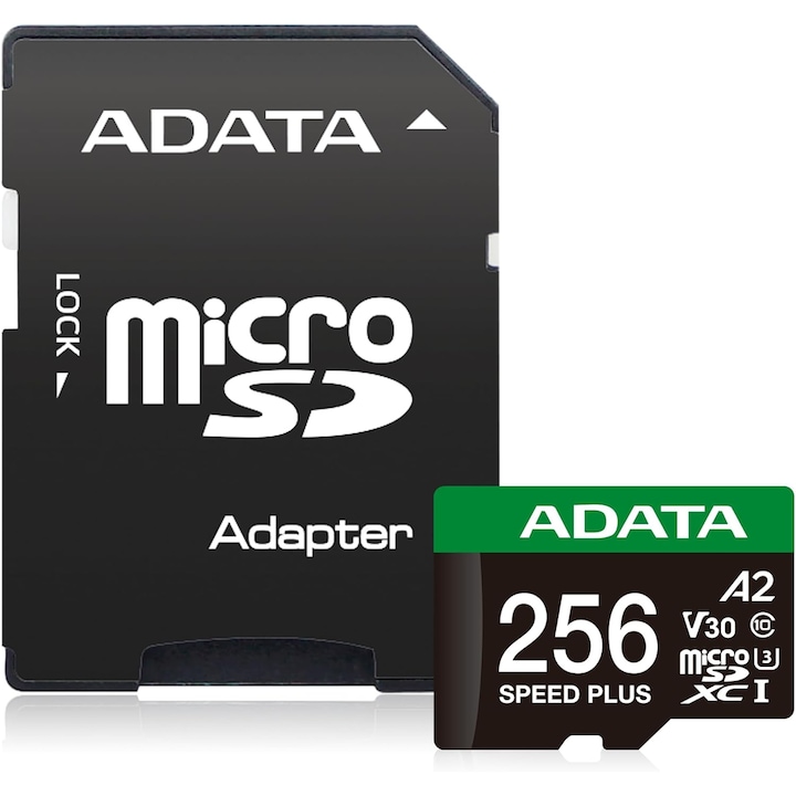 Карта памет ADATA SPEED PLUS, 256GB, microSDXC, UHS-I U3, V30, A2, 180/160 MB/s + SD адаптер включен