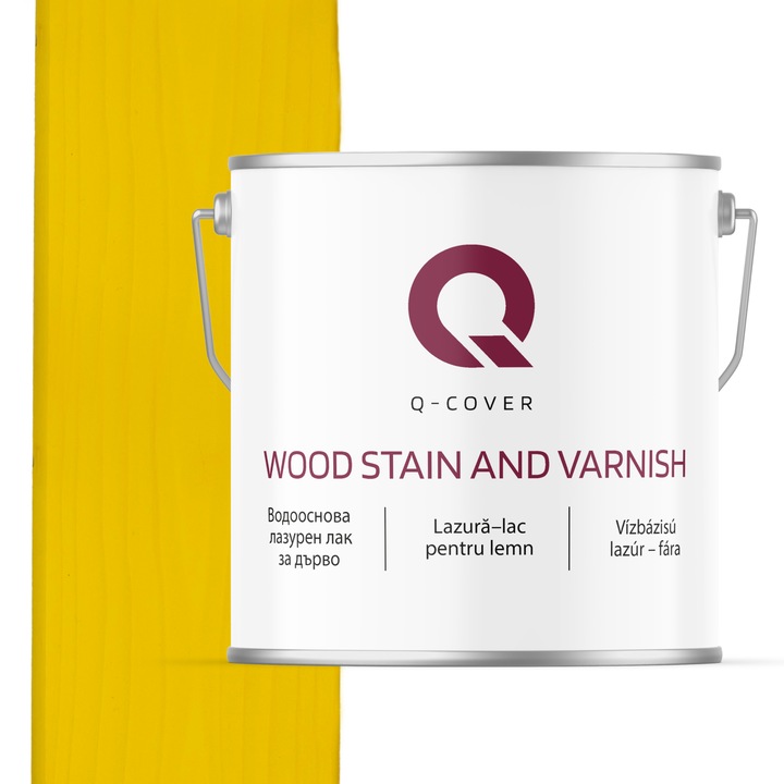 Лак за дърво, Q-Cover, жълт, сатен, за вътрешна и външна употреба, на водна основа, устойчив на UV лъчи, отлично изравнява повърхността, много ефективен, устойчив на замърсявания, лесен за нанасяне, 5 л