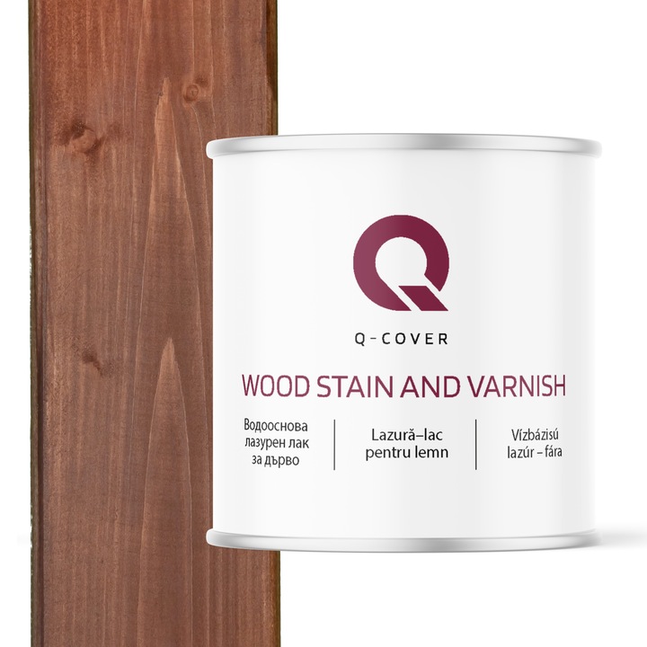 Lazura–lac pentru lemn, Q-Cover, Nuc inchis, semi-mat, pentru interior si exterior, pe baza de apa, rezistent la radiatiile UV, uniformizeaza excelent suprafata, foarte eficient, rezistent la murdarie, usor de aplicat, 2.5L