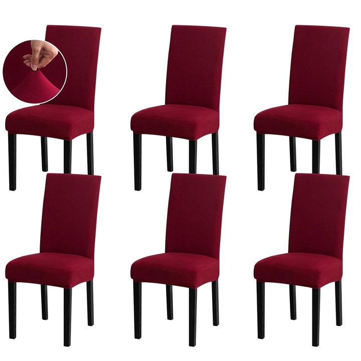 Set 6 Huse scaune din impermeabile, ZGGZERG, Detasabile, Antialunecare, Fara decolorare, Fara minge, Moale si confortabil, Usor de curatat, Rezistente la pete si umezeala, Pentru bucatarie, sufragerie, hoteluri, Poliester, 38-45cm, Rosu-vin