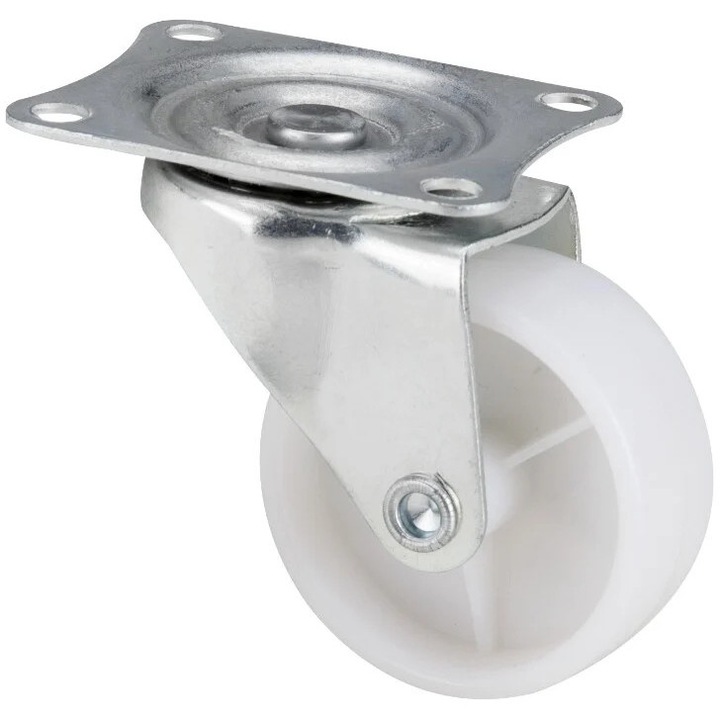 Fehér PVC peremes forgógörgő bútorhoz - átmérő 50 mm, fék nélküli típus, peremes méretek 45x60 mm, maximális terhelés 30 kg