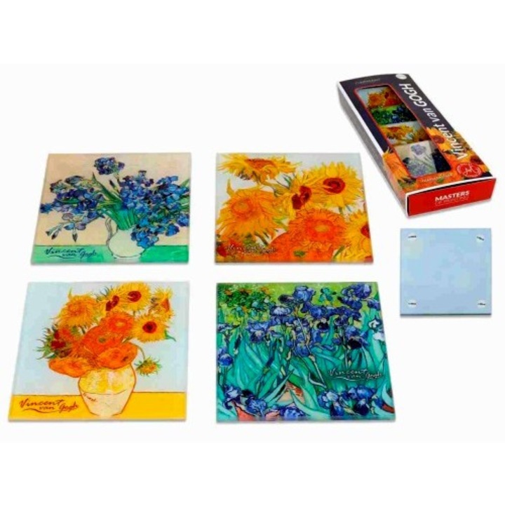 Set 4 suporturi pahare Carmani, Sticla, Vincent Van Gogh, 10.5x10.5 cm, Multicolor