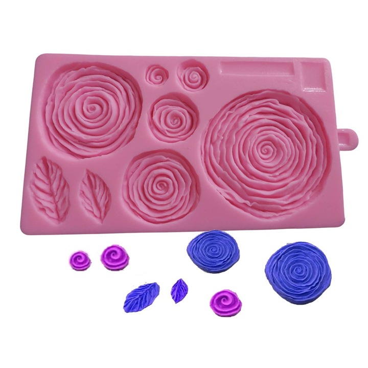 Matrita din silicon, trandafiri si frunze pentru fondant, ciocolata si pasta de zahar, 11 x 20 cm, 553COF