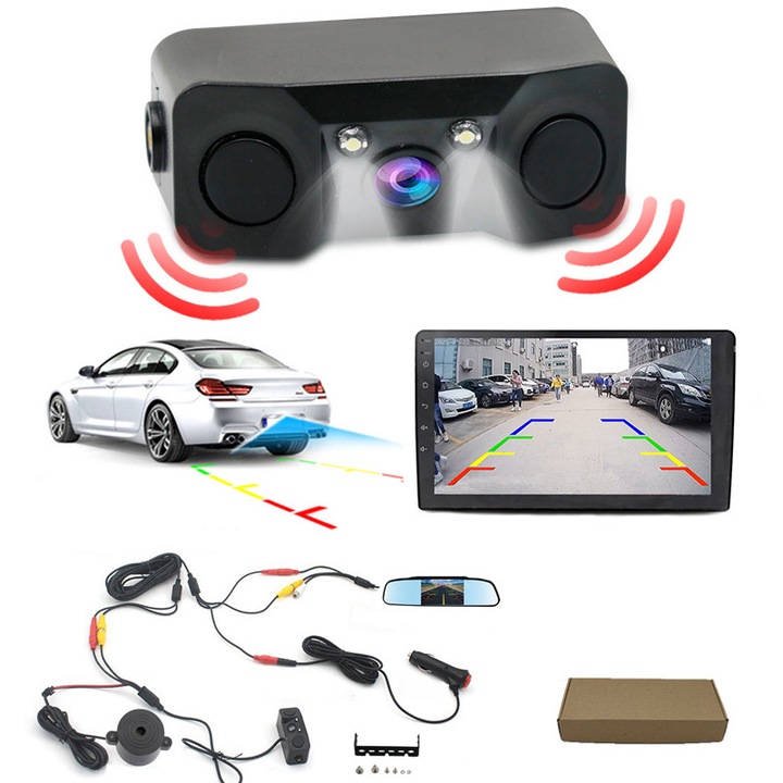 Radar de mers inapoi 3 in 1, camera video pentru marsarier, senzor de parcare, Fudisenn, 4,3 inci, rezistent la apa IP68, unghi de vizualizare 170°, alarma sonora, alimentare bricheta, negru