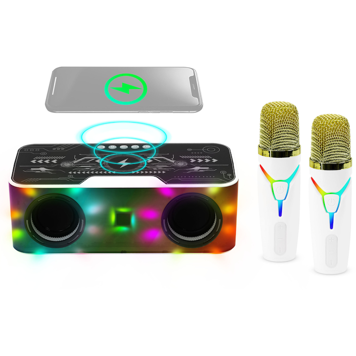 MUSICMATE karaoke szett, 2 mikrofon, Bluetooth, fehér, 22x10x8cm