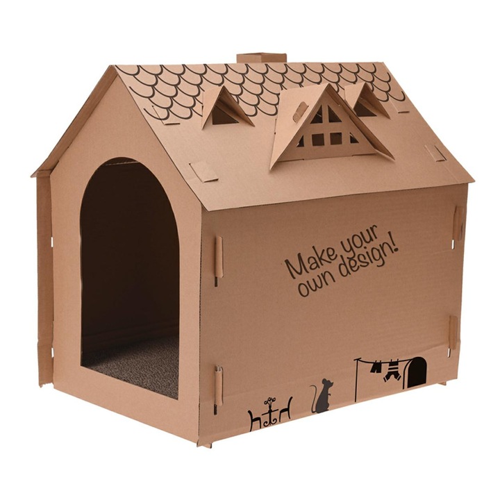 Casa de Carton pentru Pisici Classic 48x44 cm, Maro-Verde, Robusta si Ecologica, Ideala pentru Amenajari Interioare, Garantie 24 Luni, Made in China