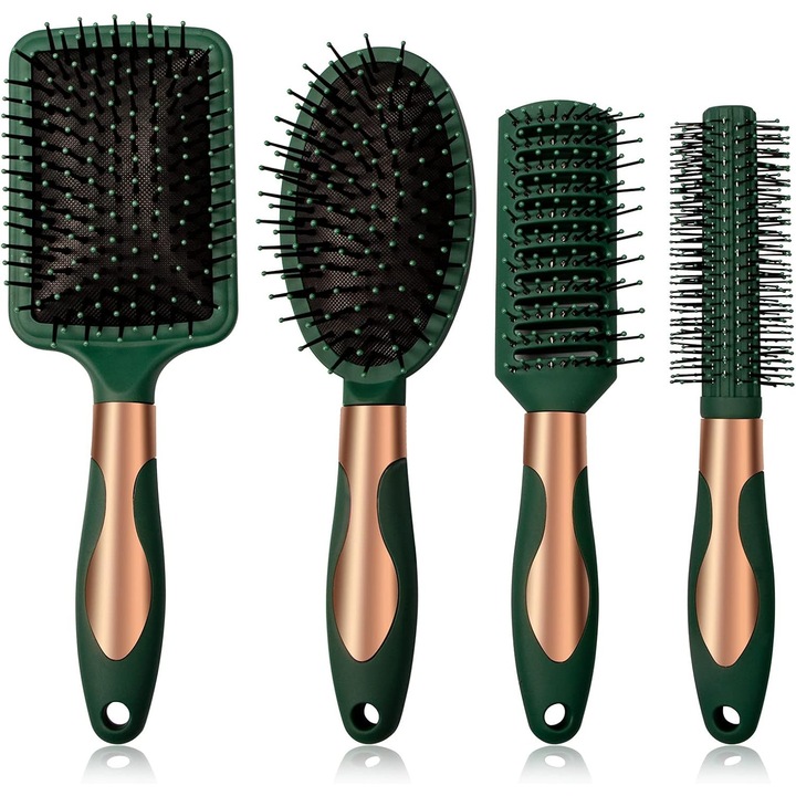 Set perii de par antistatic oval si rotund, masaj, descurcare, pentru femei si barbati, verde