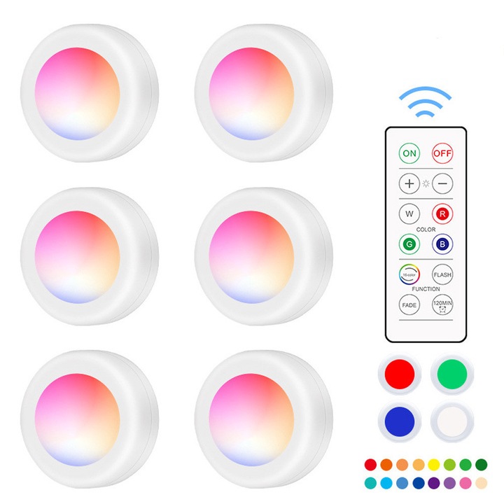 6 db LED lámpa szett 2 távirányítóval, fehér/RGB, 6x2cm