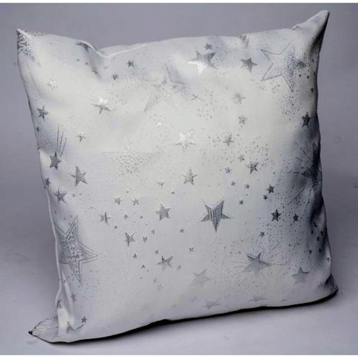 Párna töltelékkel,45x45cm, fehér, ezüst csillagos, polyester