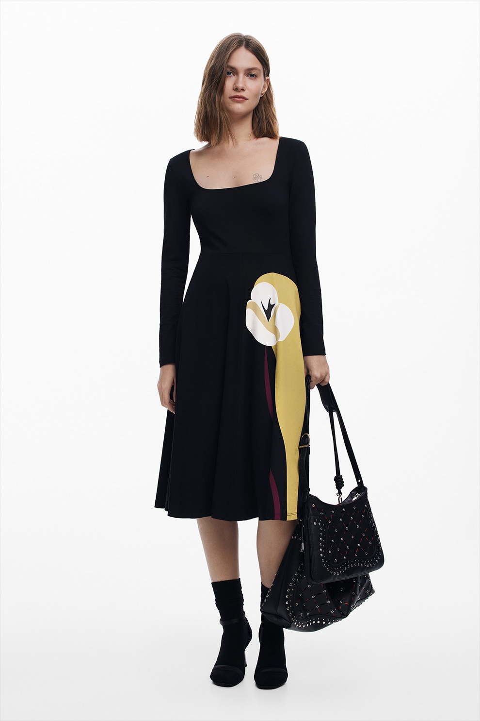DESIGUAL, Rochie midi din amestec de bumbac cu decolteu patrat, Negru, Maro nisip, S