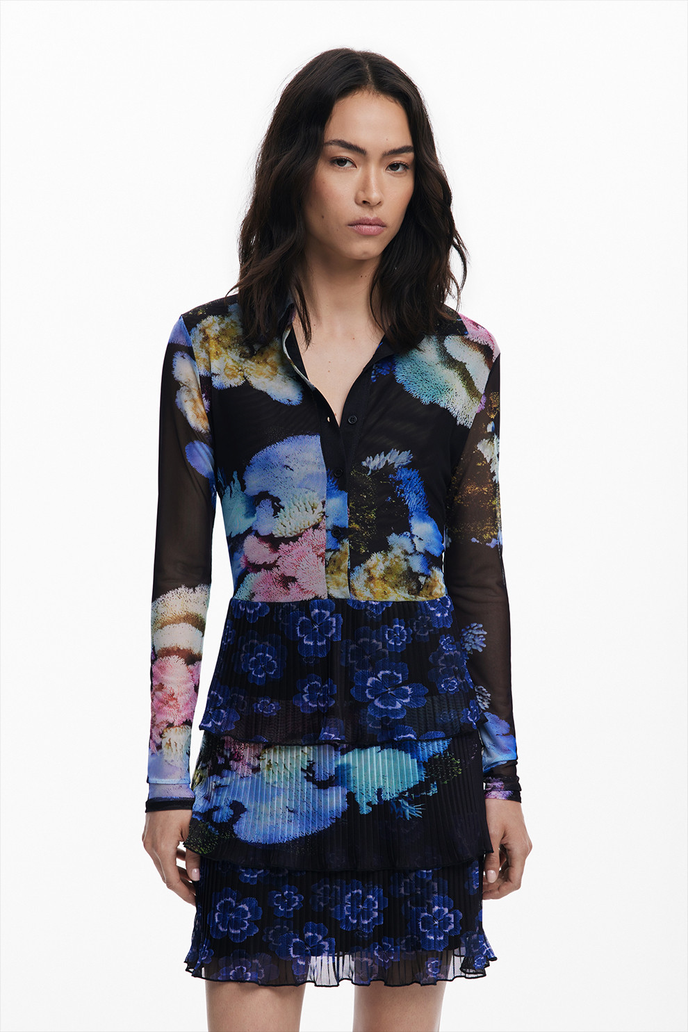 DESIGUAL, Rochie stratificata cu model 2 in 1 si maneci lungi, Negru, Albastru, Transparent, M