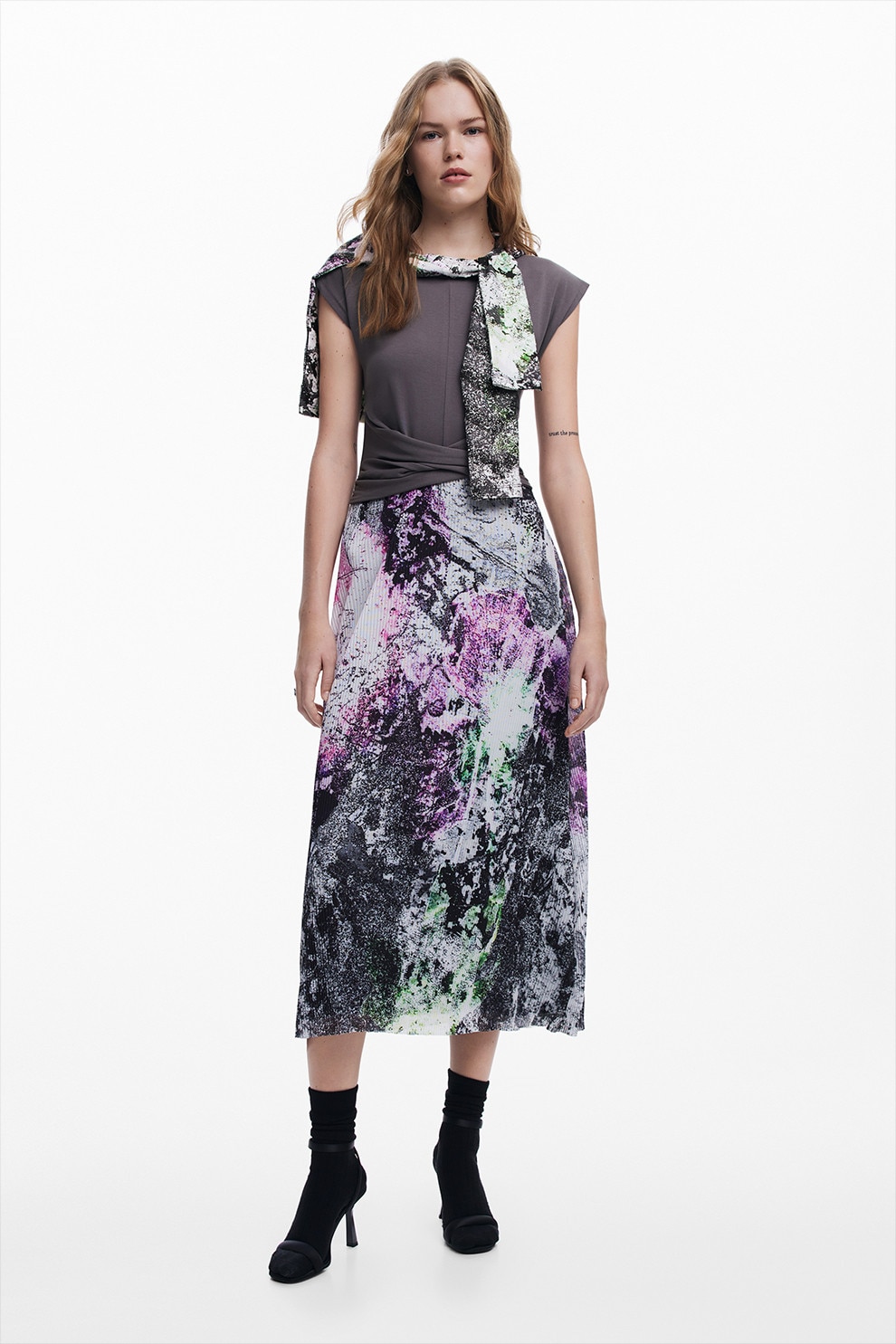 DESIGUAL, Rochie cu model 2 in 1 si maneci scurte, Violet, Verde inchis, Gri inchis, M