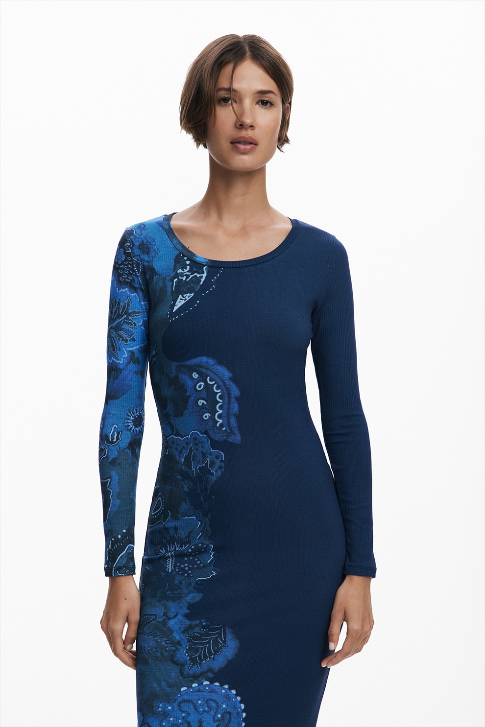 DESIGUAL, Rochie midi cambrata cu model floral, Albastru inchis, Albastru royal, M