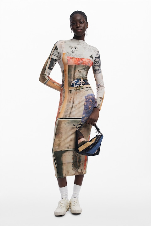 DESIGUAL, Rochie lunga cambrata cu model, Portocaliu/Bej/Grej, XL