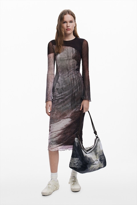 DESIGUAL, Rochie cu decolteu la baza gatului si terminatii valurite, Maro taupe deschis/Gri inchis