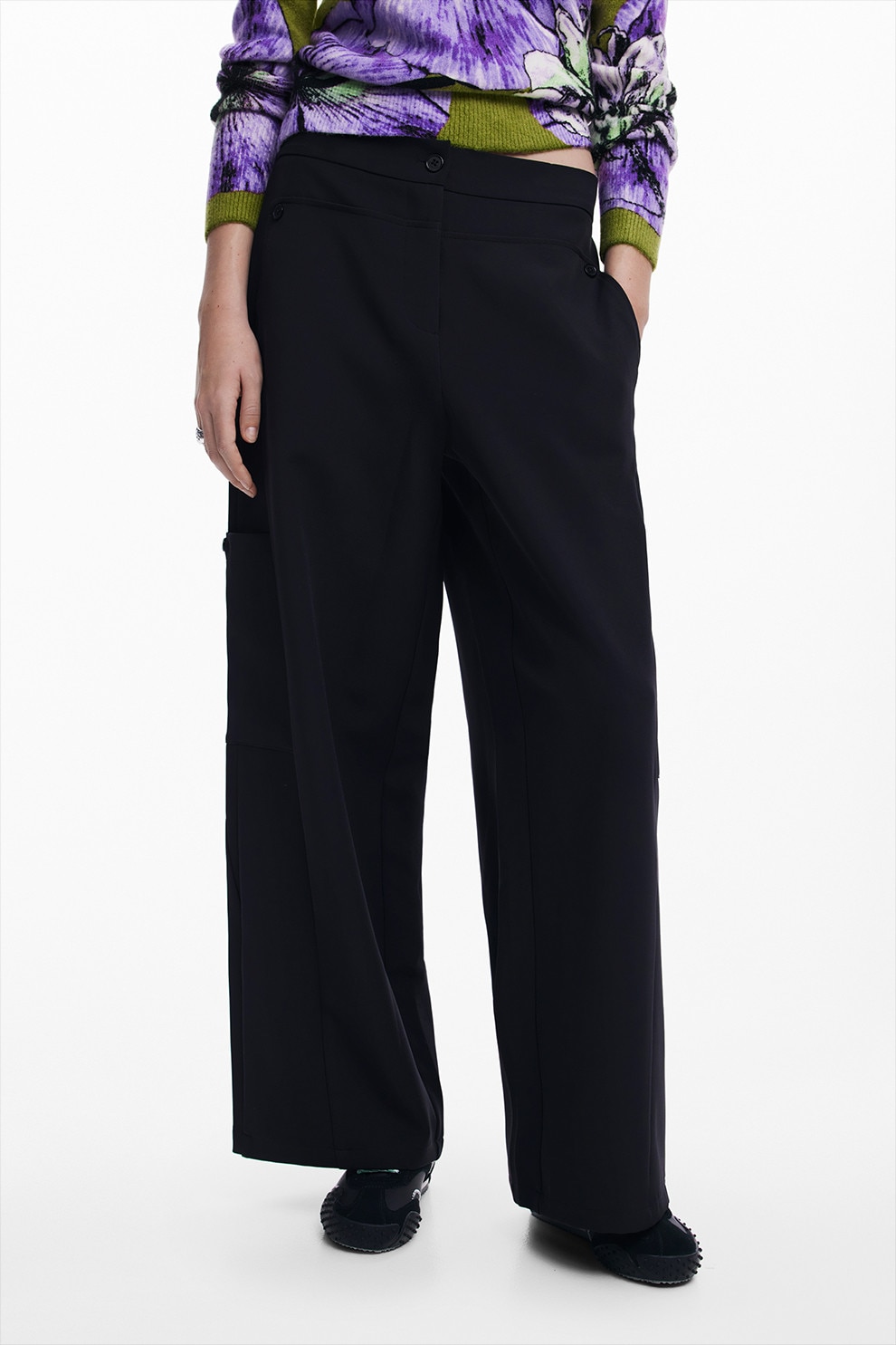 DESIGUAL, Pantaloni drepti cu talie medie, Negru, M