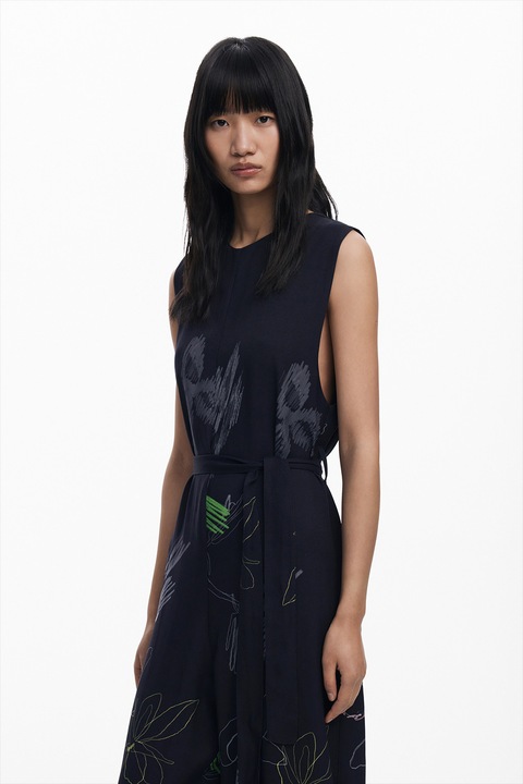 DESIGUAL, Salopeta fara maneci cu imprimeu grafic, Negru/Albastru royal/Alb murdar