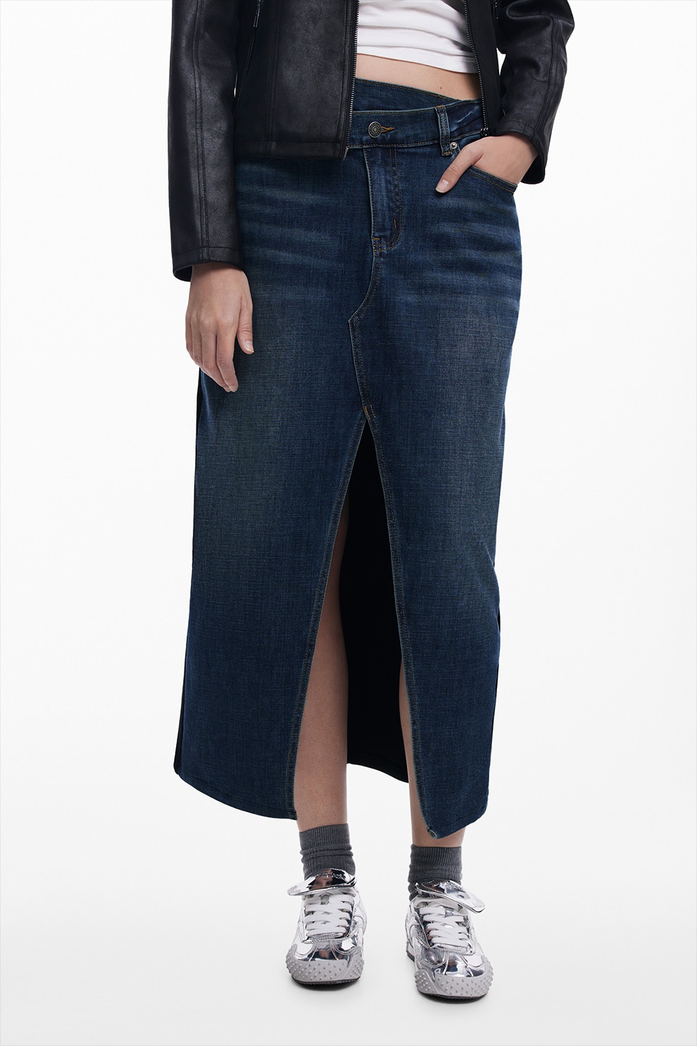 DESIGUAL, Fusta midi din denim cu sli frontal, Negru, Bleumarin, S