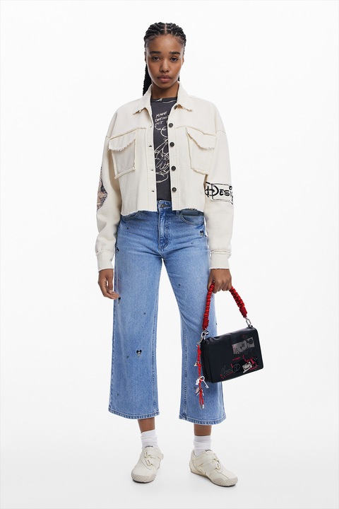 DESIGUAL, Jacheta crop cu model grafic, Alb fildes/Negru